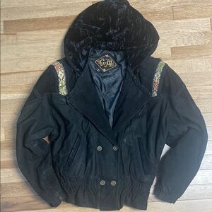Black Hooded Bomber Jacket with Embroidered Shoulder Detail
